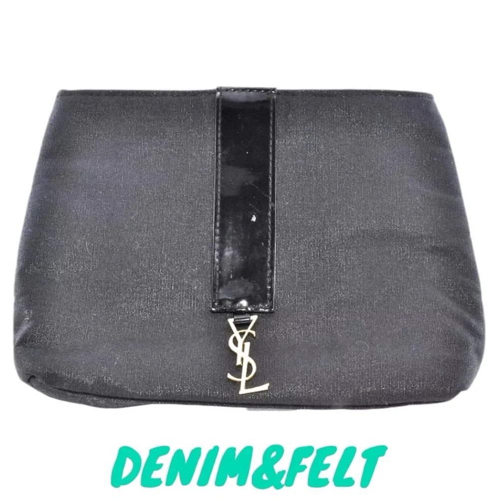 Yves Saint Laurent YSL Black Canvas Pouch w Leather Accents Top Zip Makeup Bag‎